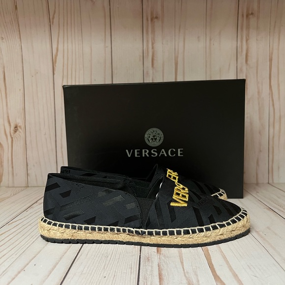 Versace Logo Jacquard Espadrille Flat Black/Gold Sz 36 / 6 - Picture 2 of 11